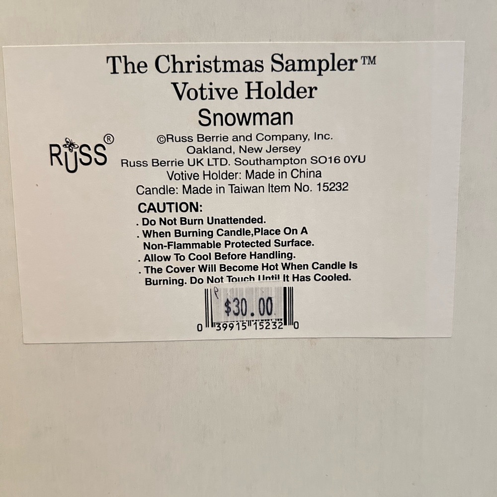 Russ “The Christmas Sampler” Snowman Votive Candle Holder - Picture 5 of 5